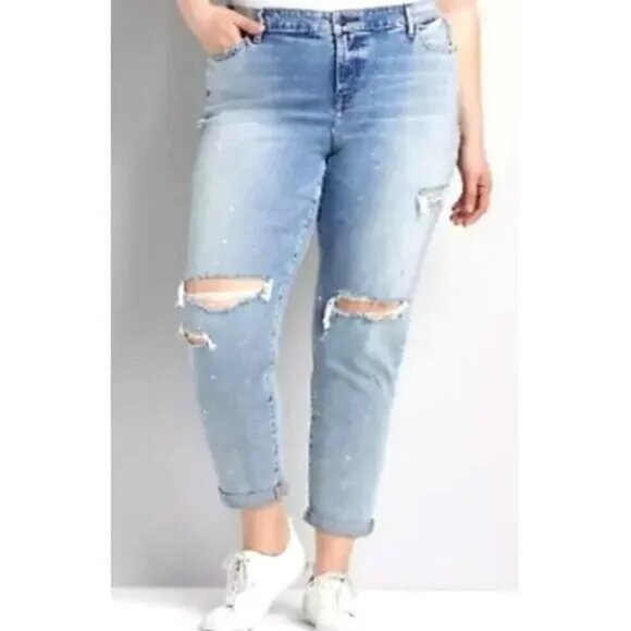 Lane Bryant Jeans 24 Splatter Distressed Boyfriend NWOT Blue Denim - Picture 1 of 6